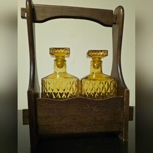 Vintage Yellow Glass Decanters with Wooden Holder
